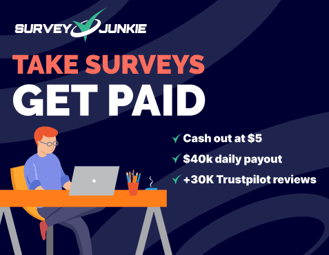 An advertisement for survey junkie depicting an illustrated person taking surveys on a laptop to earn money, with benefits listed including free tools, a cash-out option at $5, $40k daily payout,